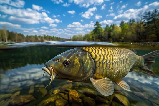 Carp fish under the waters surface. Ai generative