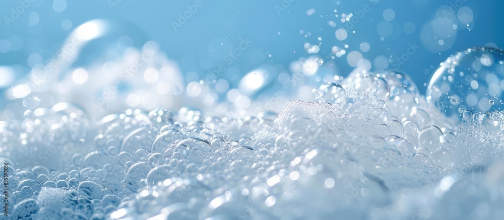 Poster white soap bubbles foam on blue background. suds shower texture macro view photo, shallow depth of f