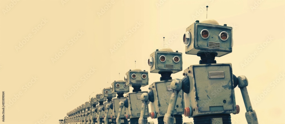 Poster a line of retro robots. copy space image. place for adding text and design