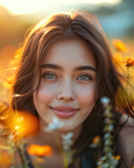 Fototapeta premium Young Woman Enjoying a Sunny Day in a Flower Field, Close Up Portrait of Natural Beauty, Sun Kissed Skin and Warm Smile, Perfect Outdoor Photography for Beauty and Nature Enthusiasts