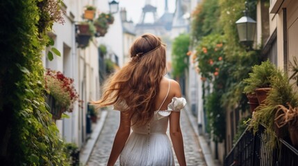 Captivating beauty with long hair in a flowing summer dress, walking through historic streets