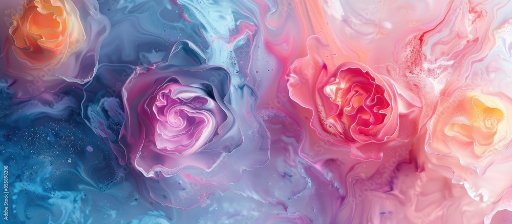 Poster Abstract colourful roses on a grey background in digital fluid art technique . Copy space image. Place for adding text and design