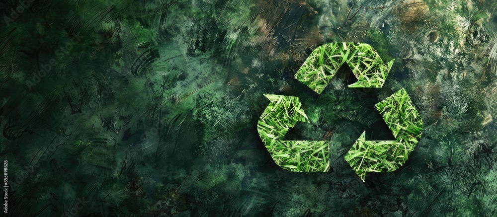 Poster recycling sign created from grass. green grunge background. reuse, reducing and processing concept. 