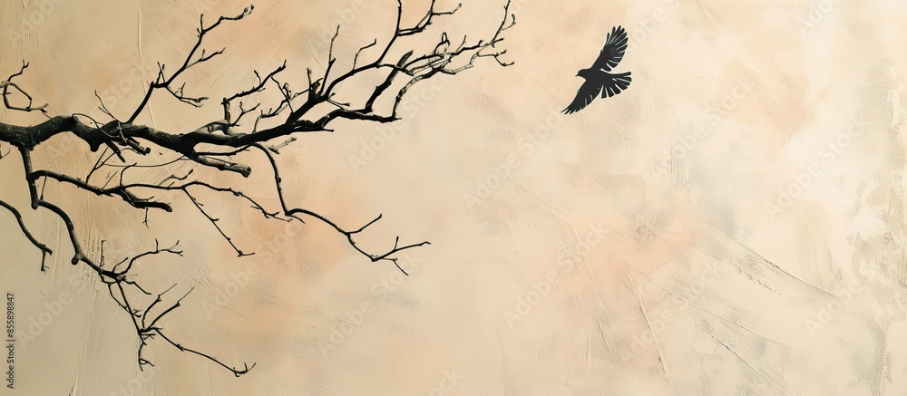 Poster black die wood branches over pastel background with stop bird flying. copy space image. place for ad