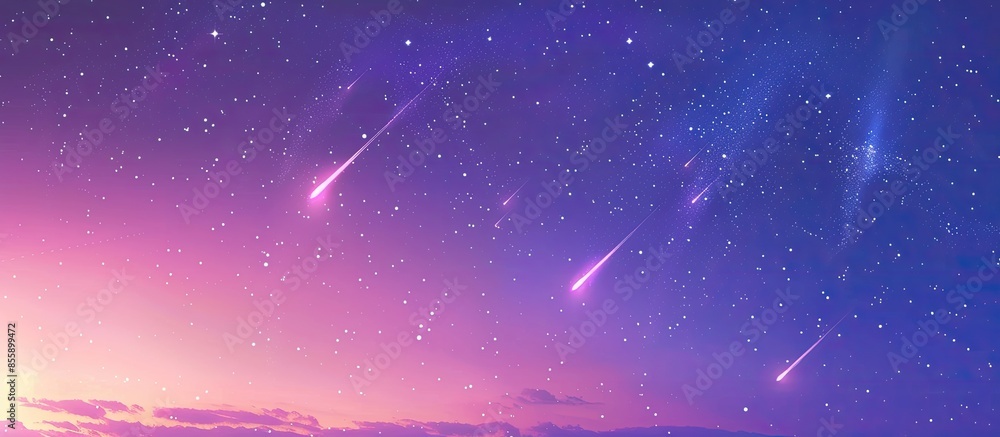 Poster meteor trails in the sky, beautiful star rain. shooting stars. three bright meteorites burn up in th