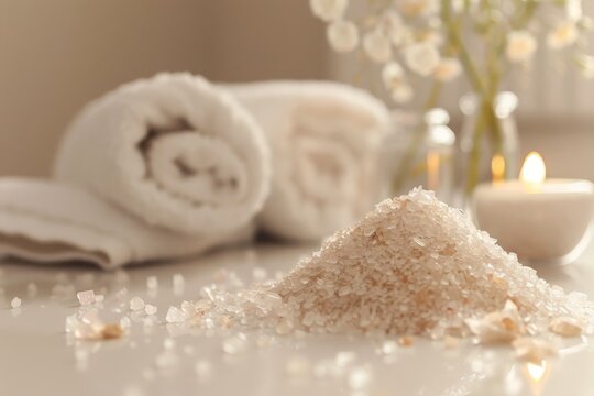 Natural bath salts close up on white table