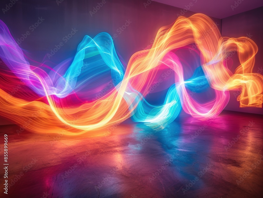 Poster abstract light trails of blue, yellow, and orange colors create a dynamic and vibrant wave pattern o
