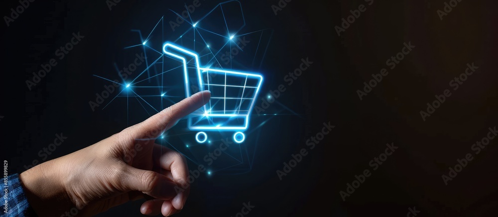Poster online shopping - finger pushing add to basket button on touchscreen. copy space image. place for ad