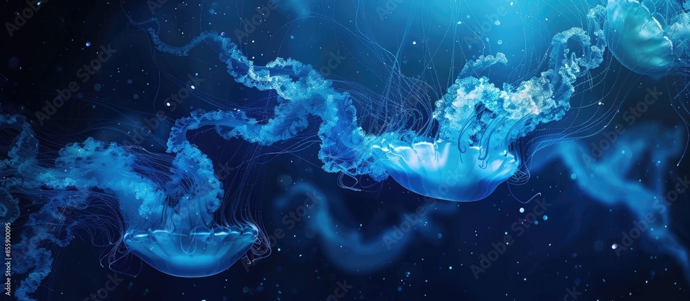 Poster white jellyfish dansing in the dark blue ocean water. copy space image. place for adding text or des