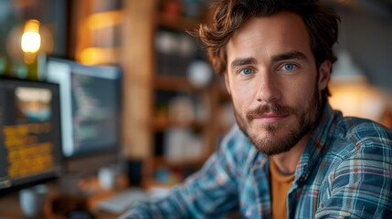 Fototapeta premium Portrait of mature man sitting in front of computer and looking at camera