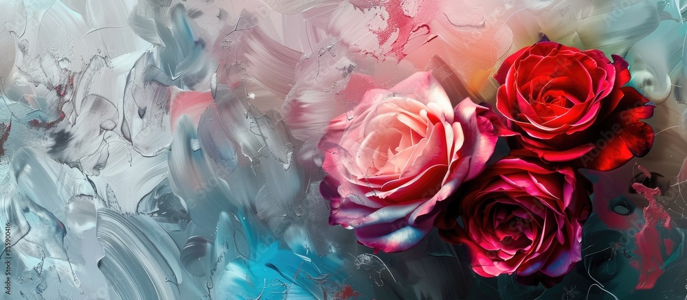 Poster Abstract colourful roses on a grey background in digital fluid art technique . Copy space image. Place for adding text and design