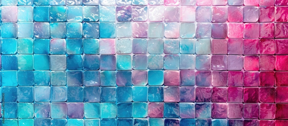 Poster blue and magenta background colored mosaic. texture tiles for bathroom. copy space image. place for 