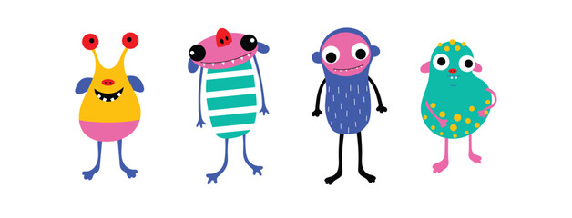 Children's monster set. Halloween cute creatures. Various quirky funny creatures. Cartoon childish style. Cute characters. Colorful hand drawn Vector illustration. Isolated design elements