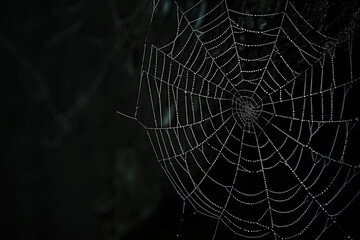 Spider web glistening with dew drops is illuminated against a black background