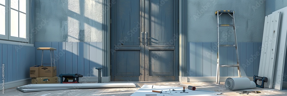 Poster Professional team installing new door with old and new frames visible. Tools and materials scattered, displaying care and precision. Generative AI
