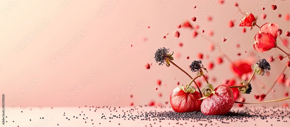 Poster sticks with poppy seeds on a pastel background with space for text. packaging, poster. copy space im