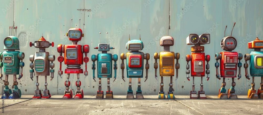 Poster a line of retro robots. copy space image. place for adding text and design