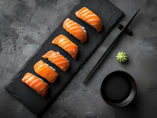 Delicious Salmon Nigiri Sushi with Soy Sauce and Chopsticks on a Black Slate Plate