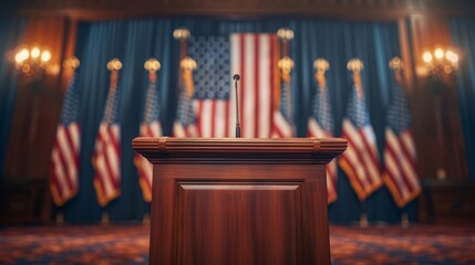 Close-up of the stage with a podium in the middle. In the background is the flag of the United States (campaigning for the election of President of the United States)