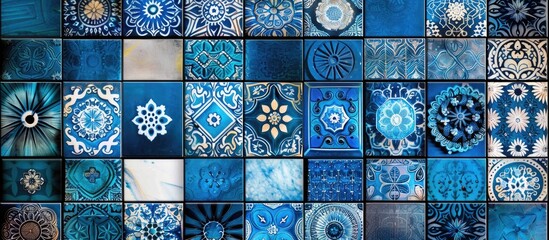 Blue ceramic tile wall texture with ornament, kaleidoscope and mandala design concept background are used for business, wallpaper, invitation, template, product decoration and others