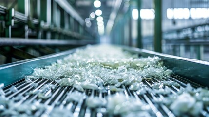 High Speed Conveyor Belt in Recycling Factory with Plentiful Plastic Bottles. Sustainability Eco-friendly concept. Generative ai