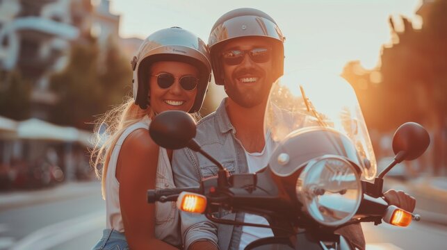 Happy Multiracial Couple Riding Scooters in Summer Urban Environment. Generative ai - Powered by Adobe