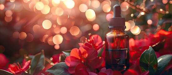 Dropper bottle with flower essence on beautiful red flowers. BACH thrapy. Copy space image. Place for adding text or design