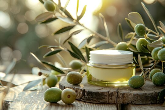 Oil and moisturizing cosmetic cream with olive extract for skin with branch and olives on wood table. Front view.