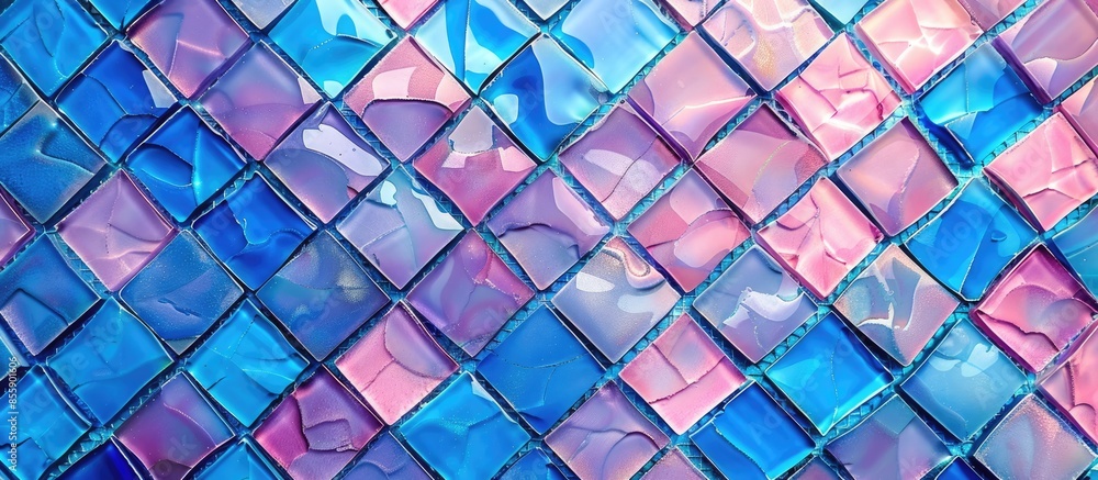 Poster blue and magenta background colored mosaic. texture tiles for bathroom. copy space image. place for 