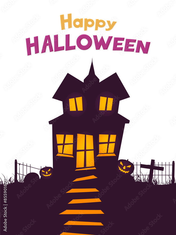 Poster happy halloween poster design with haunted house, jack-o-lantern on png background.