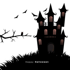 Happy Halloween concept with haunted house and flying bats on png background.
