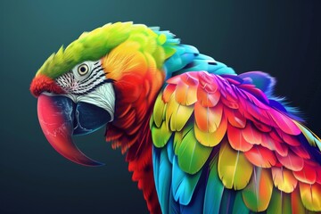 tropical parrot bird with rainbow colored feathers realistic illustration on turquoise green background