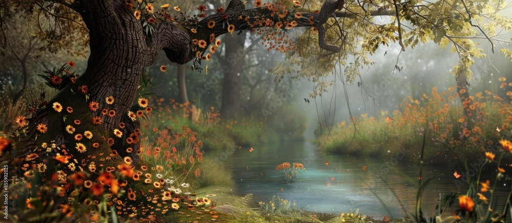 Poster once upon a time in an enchanted forest. background. copy space image. place for adding text or desi