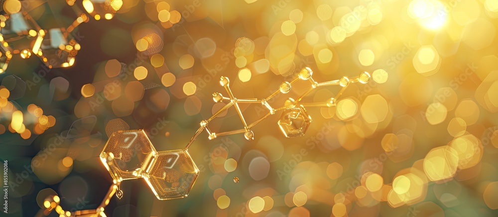 Poster Molecular model of vitamin B12. Hexagons with Vitamin B12 name, blurry background. Copy space image. Place for adding text and design