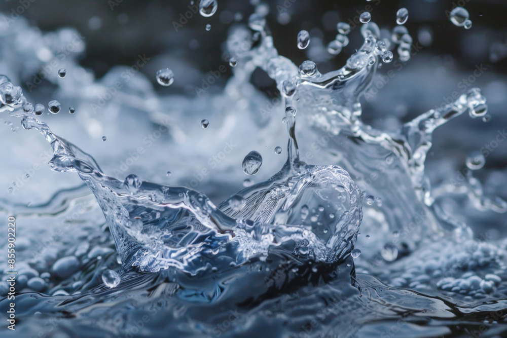 Poster water is splashing upwards creating interesting shapes with drops flying around