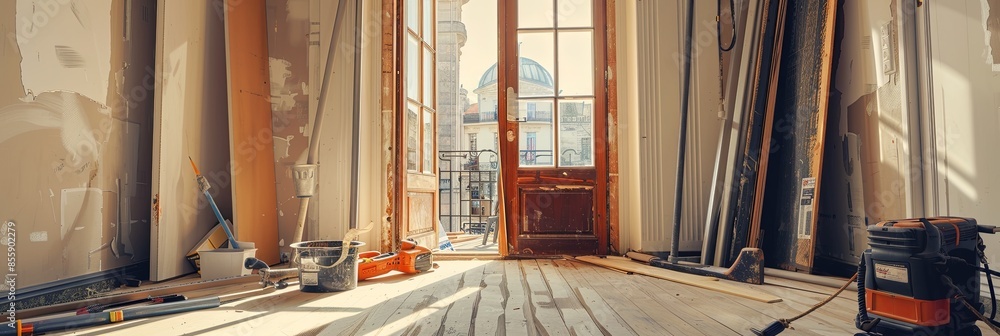 Aufkleber a glimpse into a renovation project, featuring workers installing a new door. tools, materials, and 