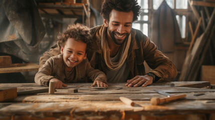 Happy family. Multiracial Dad and son in the carpentry workshop working with wood together. Generative ai