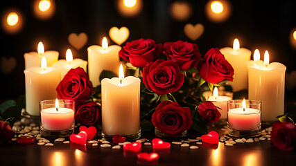 Illustrate a romantic beautifully roses and heart-shaped candles. Add a soft bokeh effect in the background to enhance the intimate and cozy atmosphere