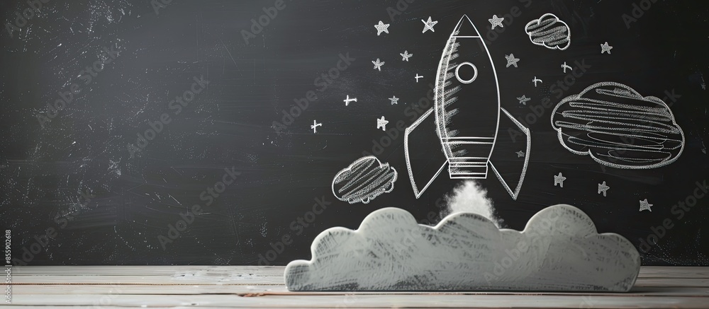 Poster creative rocket lamp sketch on chalkboard wall background. startup and innovation concept. copy spac
