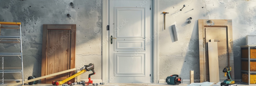Poster skilled hands are installing a new white door in a room with tools, showcasing careful attention to 