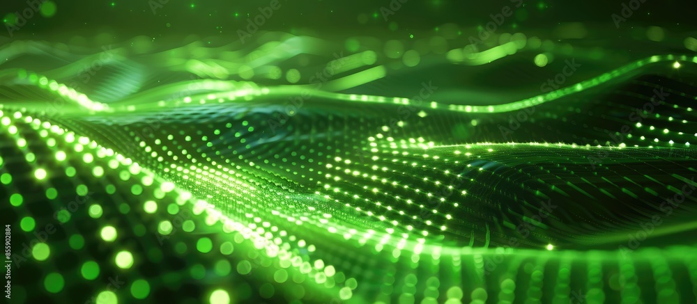 Poster futuristic abstract green glowing wave lines from dots and particles of shining pixels magical energ