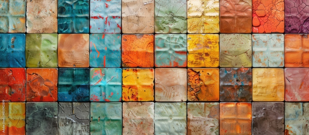 Poster colorful wall tile design for multicolor wallpaper texture used ceramic tile background. copy space 
