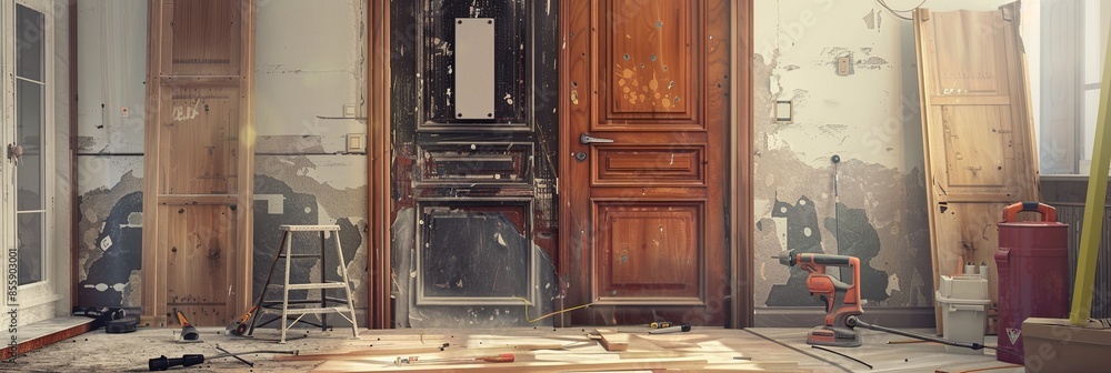 Poster a view of a new door being installed, highlighting the professional process with tools, an old door,
