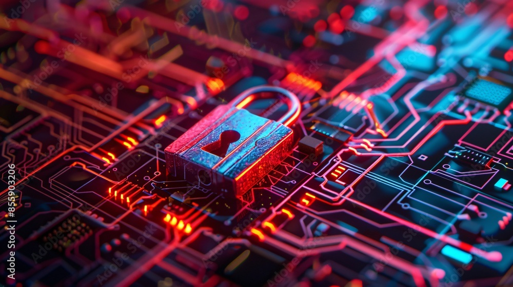 Poster a photo of a padlock positioned on top of a circuit board, symbolizing robust security measures in d