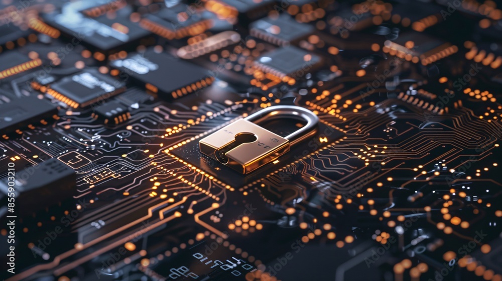 Poster a photo of a padlock positioned on top of a circuit board, symbolizing robust security measures in d