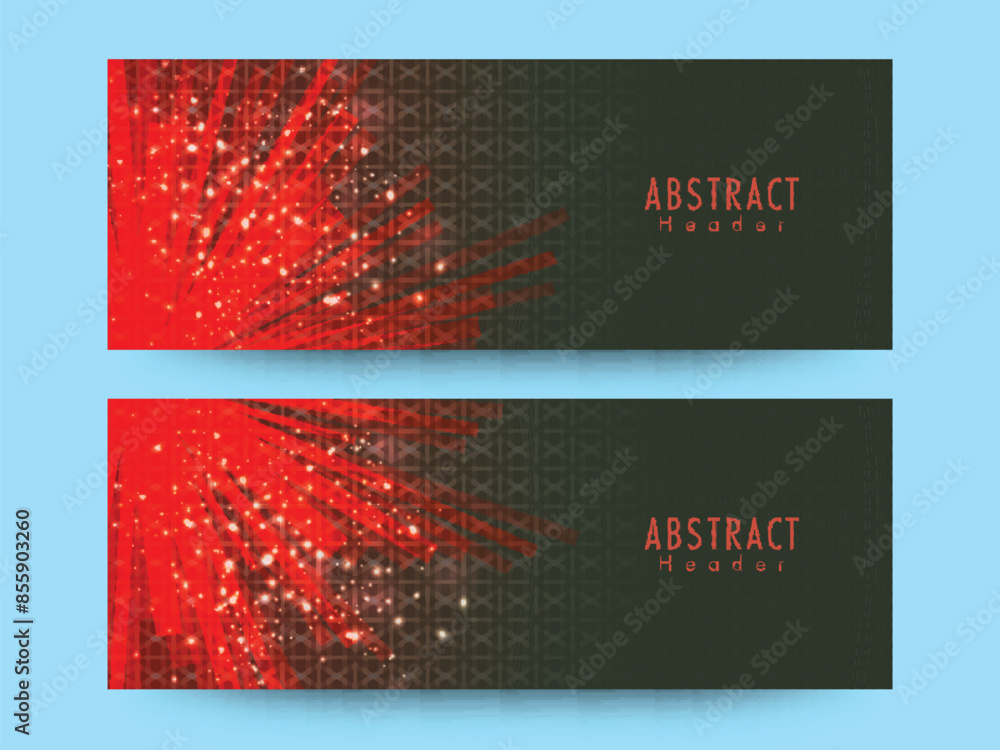 Poster social media abstract banner or header design with sparkling rays on black background in two options