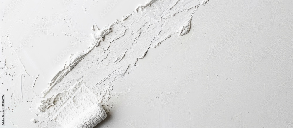 Poster painting of walls in a white color. close-up house paint roller, home improvements, horizontal view 