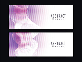 Social Media Banner or Header Design Set in Purple and White Abstract Waves Motion.