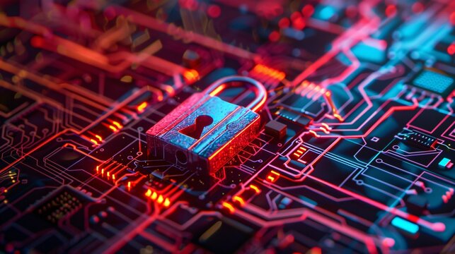 A photo of a padlock positioned on top of a circuit board, symbolizing robust security measures in digital technology.