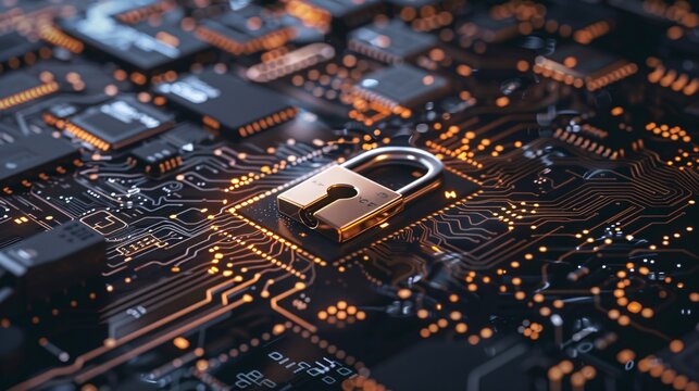A photo of a padlock positioned on top of a circuit board, symbolizing robust security measures in digital technology.